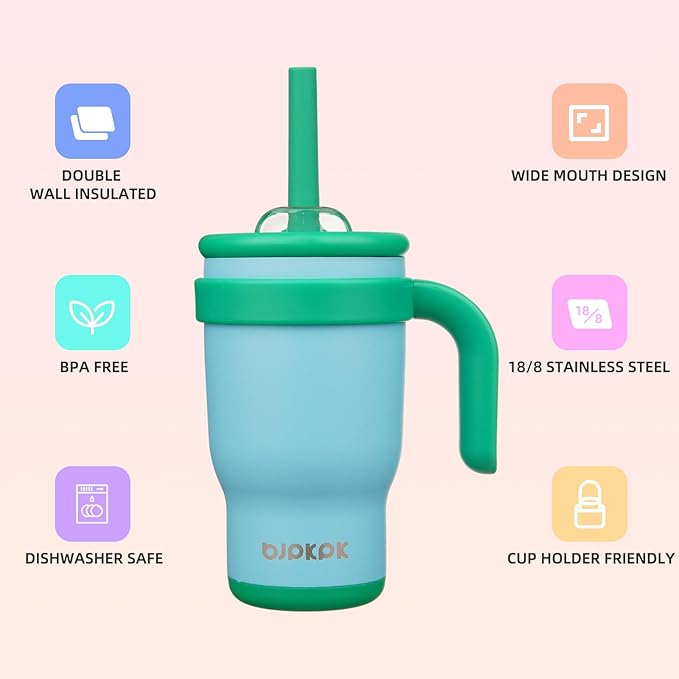 BJPKPK 14 OZ Insulated Travel Tumbler with Handle and Straw, Stainless Steel Water Bottle, Double Wall Vacuum Insulated Mug, for Work, Car, Travel, Ice Blue