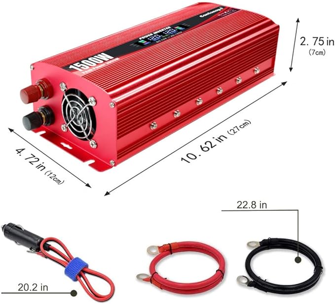 1500W Power Inverter 12V to 110V/120V Car Charger Converter with LCD Display, 3.1A Dual USB Ports 2 AC Outlets Car Adapter, Cigarette Lighter for for Truck Vehicle Red