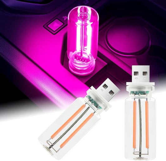 2Pcs Car USB Night Light, Touch Adjustment LED Ambient Lighting Plug in USB Automotive Night Lamps, Mini LED Bulb for Car, Camping, Holiday, Decoration, Bedroom, Party(Pink)