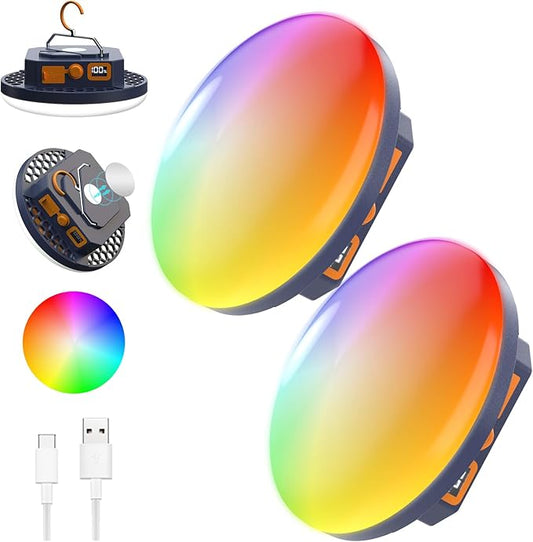 2pcs 10000mAh Rechargeable Camping Light Brightness Stepless Dimming, IP45 Waterproof Tent Light Power Failure (RGB)