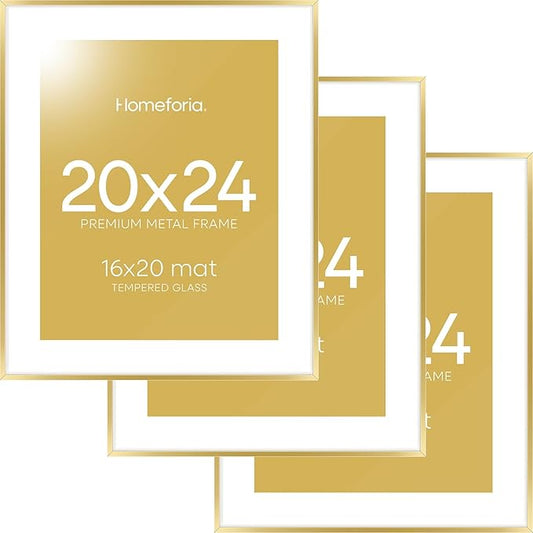 Homeforia 20x24 Picture Frame Gold, High End Metal 24x20 Frames for Wall, 20x24 Gold Frame Matted to 16x20 Print, 20 x 24 Poster Large Frame with Mat 16 by 20 Photo, Tempered Glass, Wall Kit, Set of 3