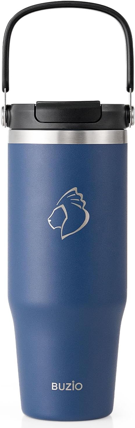 BUZIO 32 oz Tumbler with Handle, Insulated Tumbler with 2-in-1 Lid and Straw, Stainless Steel Vacuum Insulated Iced Coffee Tumbler Cup Water Bottle for Water, Iced Tea or Coffee, Smoothie