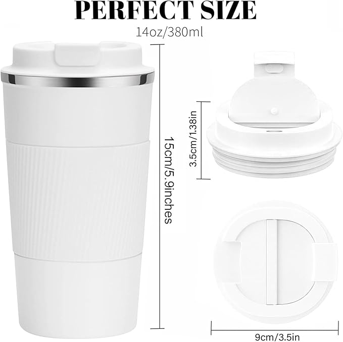 YINBAOGE Insulated Travel Coffee Mug, Spill & Leak Proof, Portable To Go Camping Stainless Steel Coffee Tumbler, Reusable Thermal Coffee Cup with Lid for Hot & Cold Drinks (White, 12 OZ)