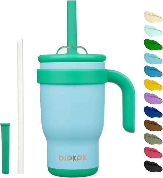 BJPKPK 14 OZ Insulated Travel Tumbler with Handle and Straw, Stainless Steel Water Bottle, Double Wall Vacuum Insulated Mug, for Work, Car, Travel, Ice Blue