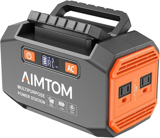 AIMTOM Portable Power Station 173Wh Lithium Battery, 200W AC Outlet (250W Surge), 18W USB-C, 2x USB-A, 2x 12V DC Outputs, LED Flashlight – Ideal for Camping, Travel, Emergency Backup, RV, Home Use