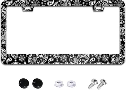 Boho Paisley Pattern License Plate Frame Floral License Plate Frames Aluminum Car Accessories Cover with 2 Holes and Screws 12 x 6 Inch for Front Rear Car Plate Decor for Women Men