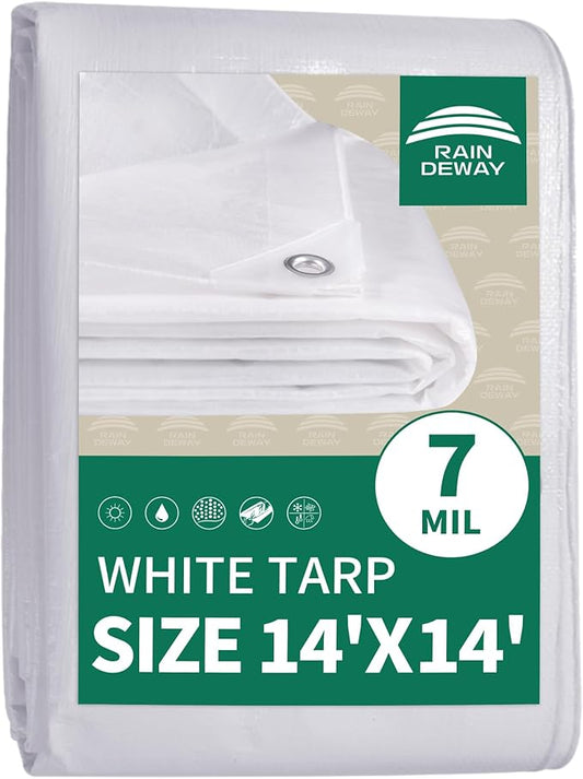 RAINDEWAY Tarps 14x14 Feet Tarp Waterproof,7Mil Thick,Finished Size,UV Resistant,Multipurpose Poly Tarp Cover with Metal Grommets and Reinforced Edges,White Tarps