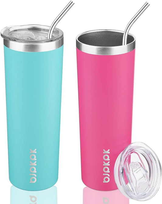 BJPKPK 24 Pack 20oz Skinny Tumblers with Lid Insulated Travel Coffee Cup Stainless Steel Thermal Mug,Turquoise,Pink