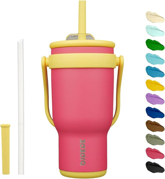 BJPKPK 30 OZ Insulated Travel Tumbler with Handle and Straw, Stainless Steel Water Bottle, Double Wall Vacuum Insulated Mug, for Work, Car, Travel, Rose Pink