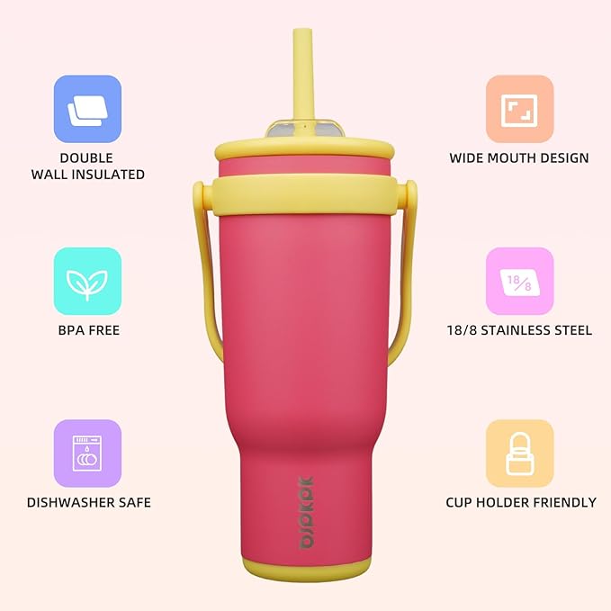 BJPKPK 40 OZ Insulated Travel Tumbler with Handle and Straw, Stainless Steel Water Bottle, Double Wall Vacuum Insulated Mug, for Work, Car, Travel, Rose Pink