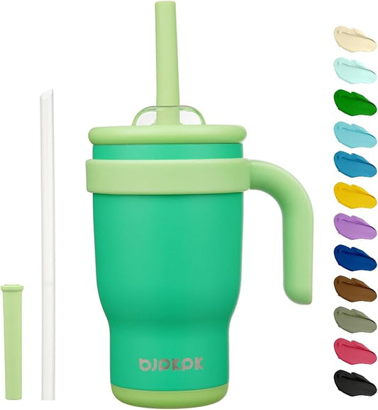 BJPKPK 14 OZ Insulated Travel Tumbler with Handle and Straw, Stainless Steel Water Bottle, Double Wall Vacuum Insulated Mug, for Work, Car, Travel, Olive Green