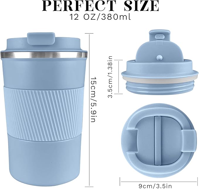YINBAOGE Insulated Travel Coffee Mug, Spill & Leak Proof, Portable To Go Camping Stainless Steel Coffee Tumbler, Reusable Thermal Coffee Cup with Lid for Hot & Cold Drinks (Light blue, 12 OZ)