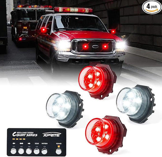 Xprite White Red LED Hideaway Strobe Lights Kit, 20 Flashing Patterns w/Control Panel Headlights Taillights Fog Light Interior Mounting, for Emergency Vehicles Firefighter Cars Trucks SUV 4PCS