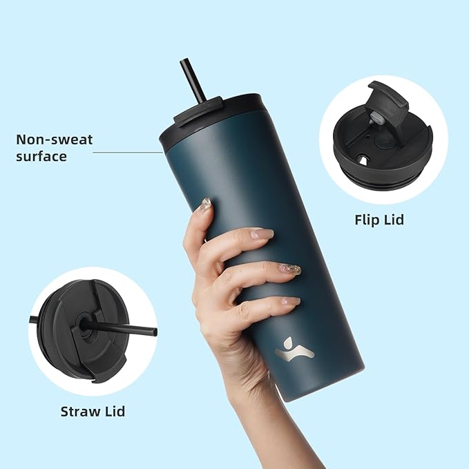 18 OZ Insulated Tumbler with Lid and 2 Straws Stainless Steel Water Bottle Vacuum Travel Mug Coffee Cup,Navy blue