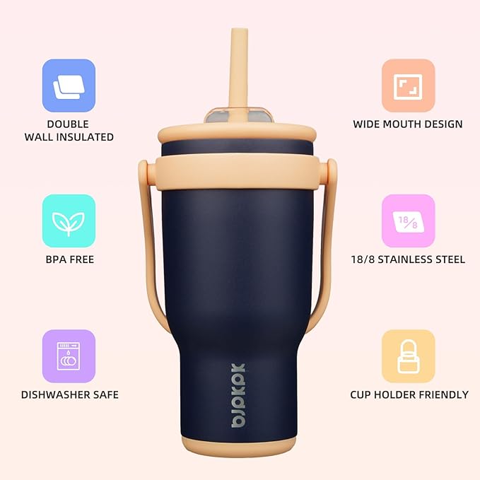BJPKPK 30 OZ Insulated Travel Tumbler with Handle and Straw, Stainless Steel Water Bottle, Double Wall Vacuum Insulated Mug, for Work, Car, Travel, Navy Blue