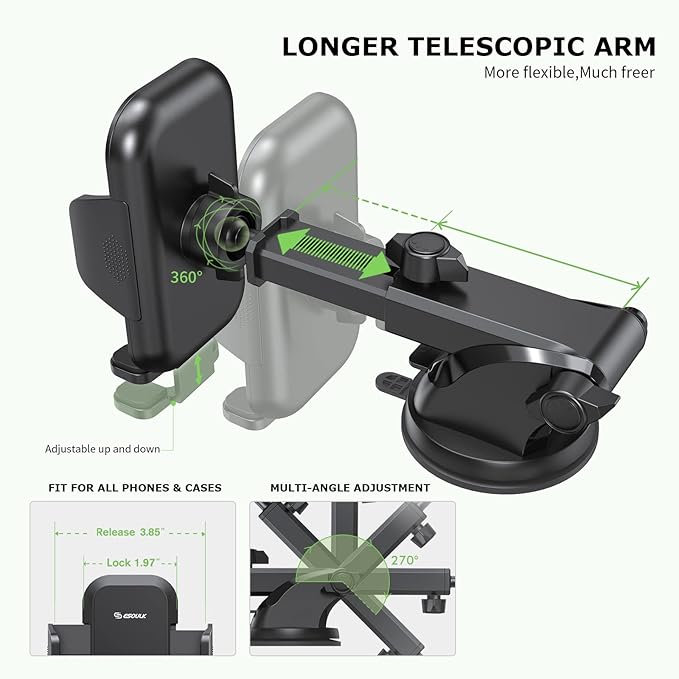 3-in-1 Car Phone Holder [Strongest Suction & Stable Clamp Arm] 360° Adjustable Car Phone Mount, Cell Phone Holders for Your Car for Dashboard Vent, All Smartphones & Car Models (Dash & Air Vent)