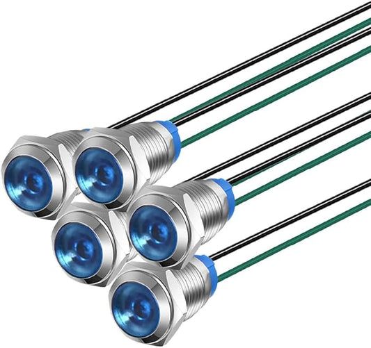 10mm 3V-4.5V-5V-6V-7.5V-9VDC Waterproof Signal Indicator Lamp with Wire, Energy Saving LED Metal Indicator Light(5pcs x Blue)