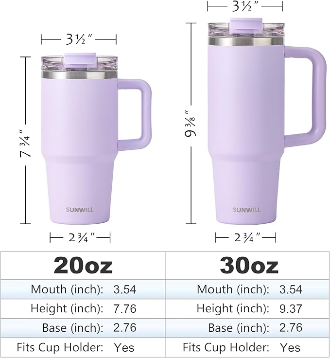 SUNWILL Travel Coffee Mug with Lid, 20 oz Tumbler with Handle and Straw Leak Proof, Stainless Steel Cup Insulated for Office & Gym, Cupholder Friendly, Powder Coated Orchid