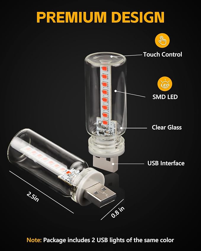 2PCS USB Lights for Car, Retro LED Car Interior Lamp Ambient Lighting, Universal USB Plug Lights for Cars, bedrooms, Camping, Parties, Clear Glass Bottle Decorative Night Light, Red Light