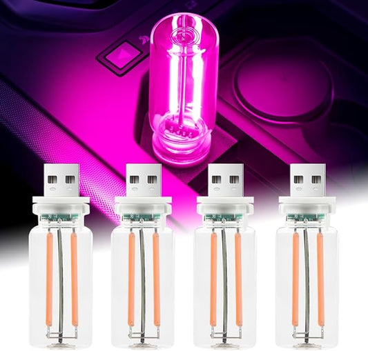 4Pcs Car USB Night Light, Touch Adjustment LED Ambient Lighting Plug in USB Automotive Night Lamps, Mini LED Bulb for Car, Camping, Holiday, Decoration, Bedroom, Party(Pink)