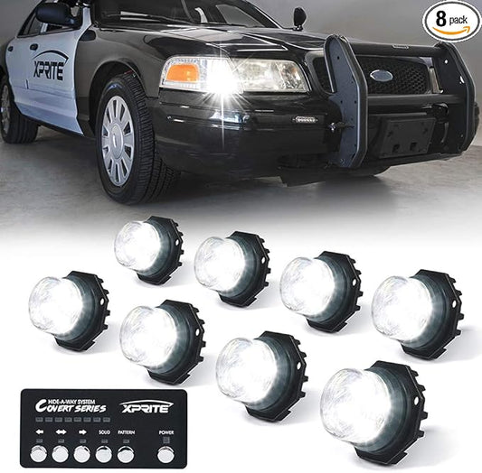 Xprite White LED Hideaway Emergency Strobe Lights Kit, 20 Flashing Modes w/Controller Headlights Taillights Fog Light Mounting, Hazard Warning Caution Light for 12V Vehicles Pickup Trucks Vans 8 PCS