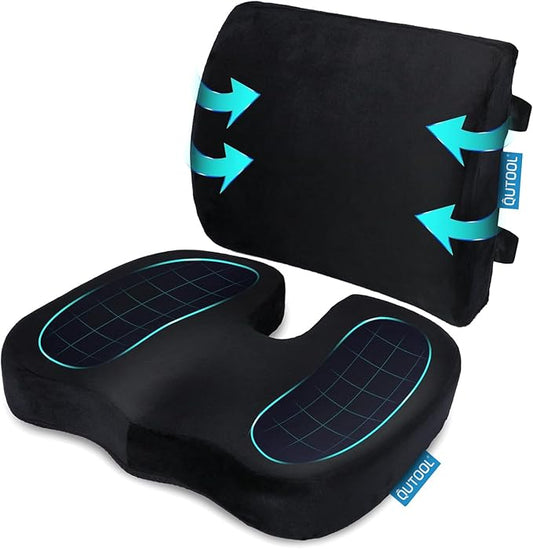 QUTOOL Orthopedic Seat Cushion and Lumbar Support Pillow for Office Chair & Car, Memory Foam with Washable Cover Ergonomic Desk Chair Cushion for Tailbone, Lower Back Pain, Sciatica Relief
