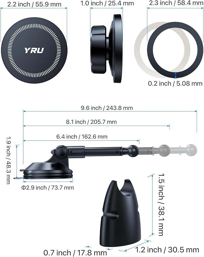 YRU [2025 Upgraded] Magnetic Phone Holder for Car【Patented & Super Magnet】 for MagSafe Car Mount Dashboard Magnet Phone Holder Windshield Phone Stand for iPhone 16 15 14 13 12 Pro Max Samsung, Black