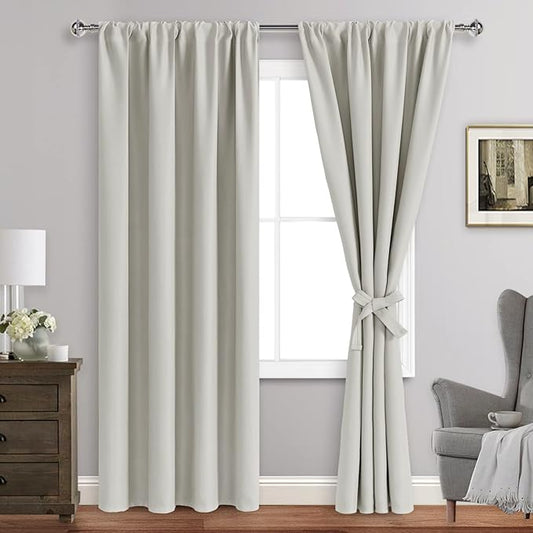 JIUZHEN Blackout Curtains for Bedroom - Thermal Insulated Room Darkening Noise Reducing, 42 x 96 Inch Length Curtains for Living Room, Set of 2 Panels with Tiebacks,Ivory