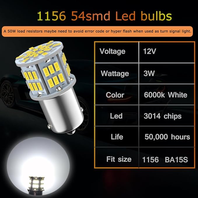 1156 Led Bulb Reverse Light, 1141 1003 7506 BA15S Bulbs, 12V-24V 54SMD Used for Truck Car Backup Reverse Lights, Tail Parking Lights,Camper Trailer RV Interior Light, 2pcs White
