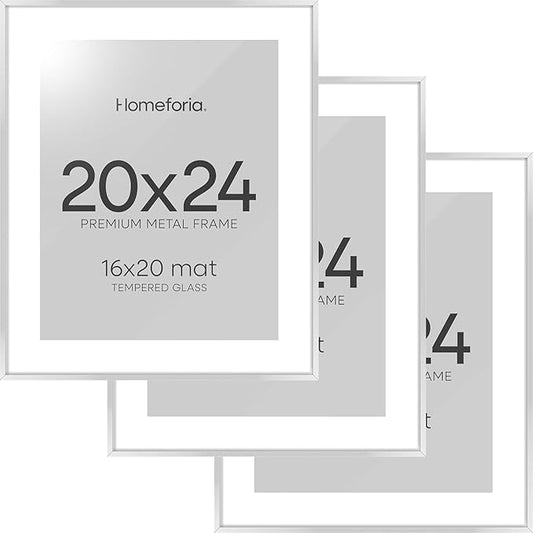 Homeforia 20x24 Picture Silver Frame, High End Metal 20 x 24 Poster Frames with Mat 16 by 20 for Photo, 20x24 Silver Frame Matted to 16x20 Art, 24x20 Hanging Frames, Tempered Glass, Wall Kit, Set of 3