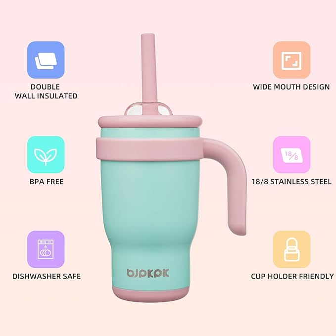 BJPKPK 14 OZ Insulated Travel Tumbler with Handle and Straw, Stainless Steel Water Bottle, Double Wall Vacuum Insulated Mug, for Work, Car, Travel, Guava