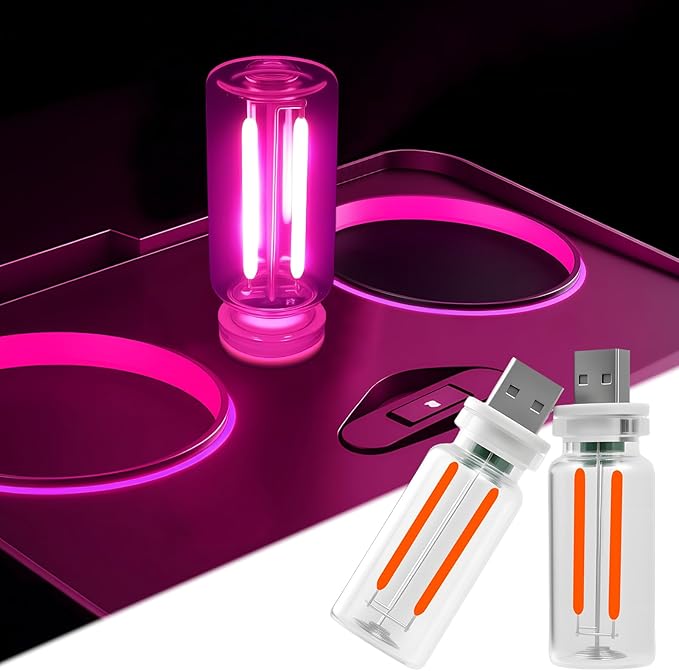 2 PCS Car USB Night Light Bulb, Touch Dimmable Car Interior Ambient Lights, Portable Mini USB Retro Glass Bottle Lamp Decorations for Vehicle, Bedroom, Hallway, Camping (Pink)
