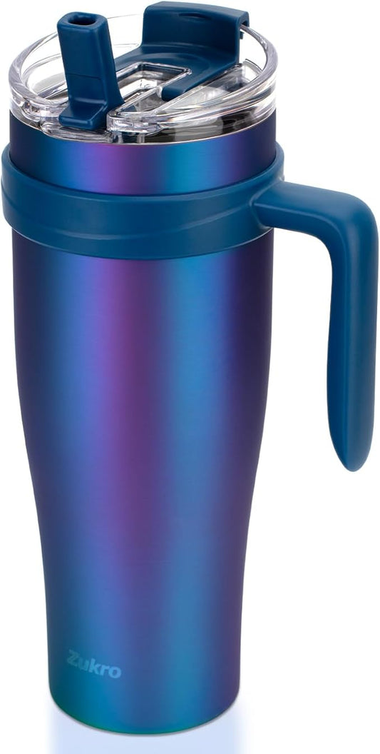 Zukro 50 oz Tumbler With Handle And Straw, Leak-proof Flip Straw Lid, Insulated Stainless Steel Water Bottle for Hot & Cold Drinks, Large Travel Mug Fit in Cup Holder, Dishwasher Safe, Aurora
