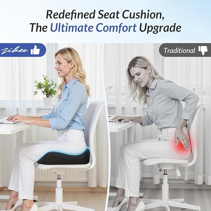 ZIKEE Pioneering Seat Cushion for Pressure Relief, Ergonomic Office Chair Cushion for Sciatica, Back, Hemorrhoids & Tailbone Pain Relief, High-Density Memory Foam Car Seat Cushion with Anti-Slip Base