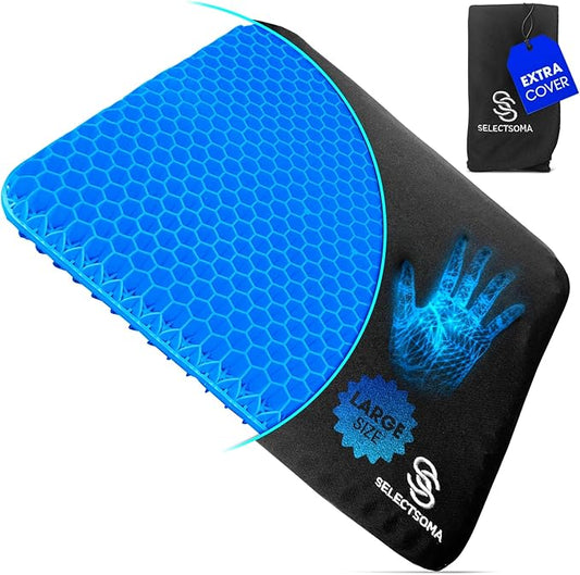 SelectSoma Double-Thick Super Large Gel Seat Cushion- Breathable and Cooling Honeycomb Design - Pressure Relief for Sciatica, Tailbone & Back Pain - Office Chair, Wheelchair, Car & Truck Cushion