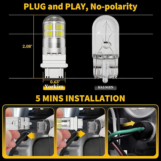 Yorkim 3157 LED Bulb White, 500% Super Bright, 3156 3056 3057 4157 3047 4057 3457 4114 LED Bulbs for Backup Reverse Tail DRL Parking Lights - Pack of 2