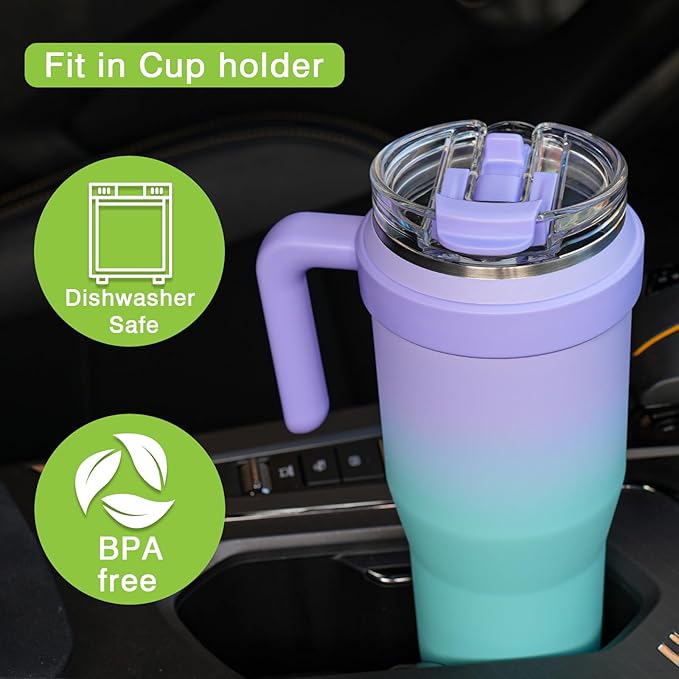 Zukro 50 oz Tumbler With Handle And Straw, Leak-proof Closable Flip Straw Lid, Insulated Stainless Steel Water Bottle for Hot & Cold Drinks, Large Travel Mug Fit in Cup Holder, Dishwasher Safe