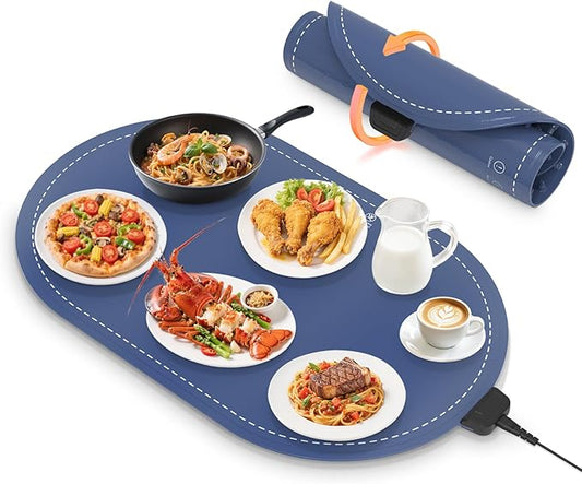 Warming Mat for Food,Temperature Adjustable Food Warmers for Parties Buffet with Timer,Silicone Food warming trays with Heat Proof Base,Roll Up Food Heating Mat for Home & Travel(Blue)