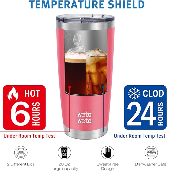 WETOWETO 20oz Tumbler, Stainless Steel Vacuum Insulated Water Coffee Tumbler Cup, Double Wall Powder Coated Spill-Proof Travel Mug Thermal Cup for Home Outdoor (Watermelon Red, 1 Pack)