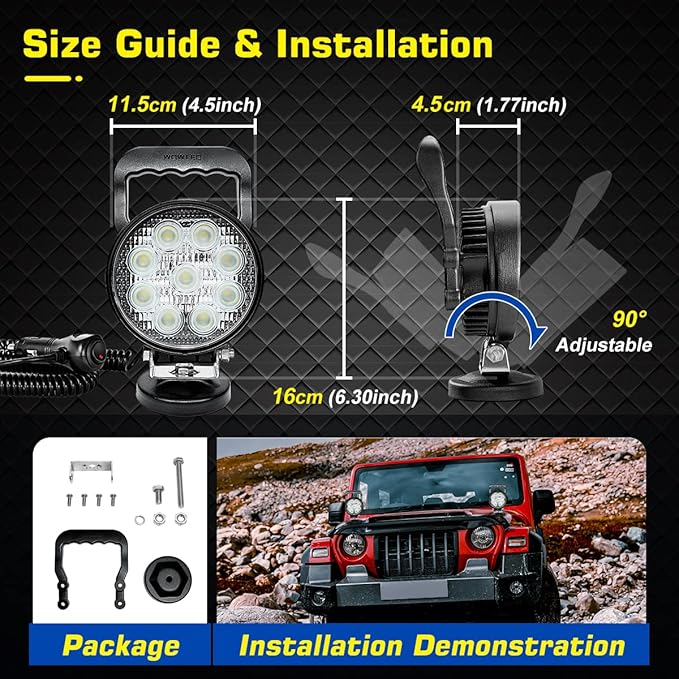 WFPOWER Magnet Light Bar, Magnetic Base, Cigarette Lighter Powered, Portable LED Flood Light Work Lamp for Car Off-road SUV Trailer Tractor Truck Engineering Maintenance Garage Camping (27W Round)