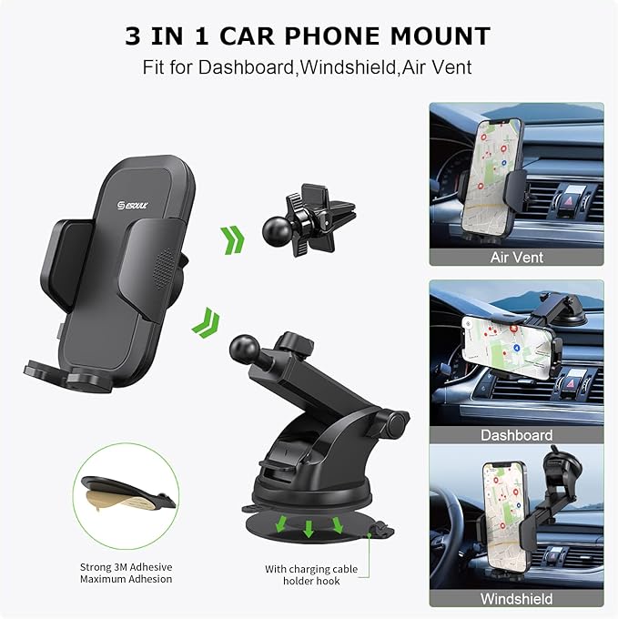 3-in-1 Car Phone Holder [Strongest Suction & Stable Clamp Arm] 360° Adjustable Car Phone Mount, Cell Phone Holders for Your Car for Dashboard Vent, All Smartphones & Car Models (Dash & Air Vent)