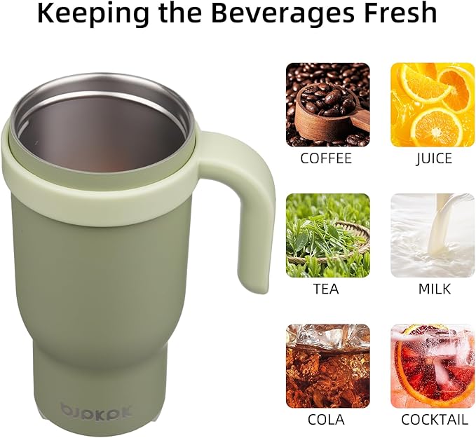 BJPKPK 14 OZ Insulated Travel Tumbler with Handle and Straw, Stainless Steel Water Bottle, Double Wall Vacuum Insulated Mug, for Work, Car, Travel, Forest Green