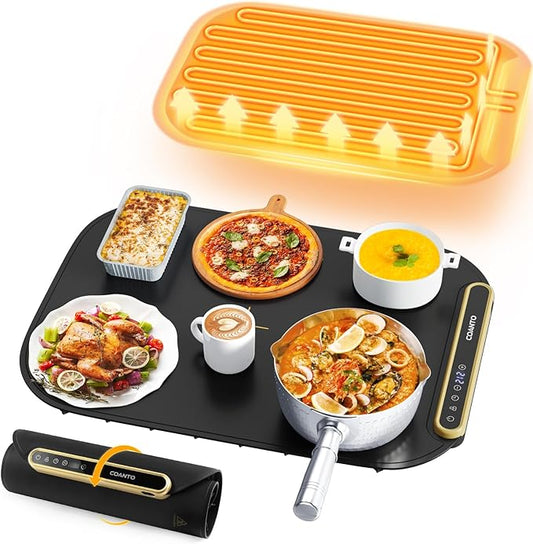 Coanto Food Warming Mat, Electric Warming Tray for Buffets & Parties, Silicone Heating Mat with 7 Temperature Settings, Roll-Up Storage, 17.91"x12.8", Black