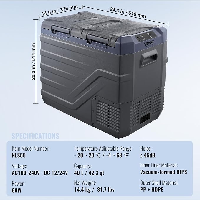 VEVOR Car Refrigerator, 12 Volt Car Refrigerator Fridge, 40 L Dual Zone Portable Freezer, -4℉-68℉ Adjustable Range, 12/24V DC and 100-240V AC Compressor Cooler for Outdoor, Camping, RV