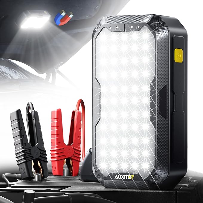 AUXITO Jump Starter, 4500A Car Battery Jump Starter, Up to 8.5L Gas and 8.0L Diesel Engines with 2000LM LED Work Panel Light, 12V Safe Jump Box with Camping Light, Power Bank and Jumper Cable