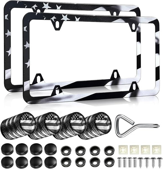 Black American Flag License Plate Frames - 2 Pack Patriotic Matte Gloss Stars Stripe US Flag Stainless Steel Car Tag Frame Holder Covers with 4 Fluttering Flag Valve Stem Caps, Screws Fasteners