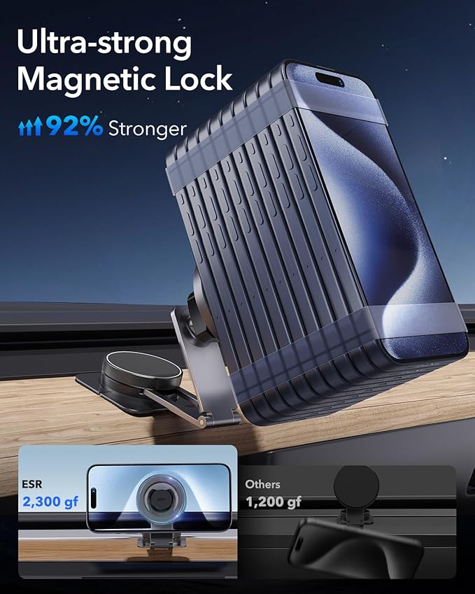 ESR for MagSafe Car Mount, Car Phone Holder,Dashboard/Tesla Touchscreen Car Mount, Magnetic Phone Holder for Car, for iPhone 16/16e/15/14/13/12, S25, Charging Not Supported(2 Metal Rings Included)