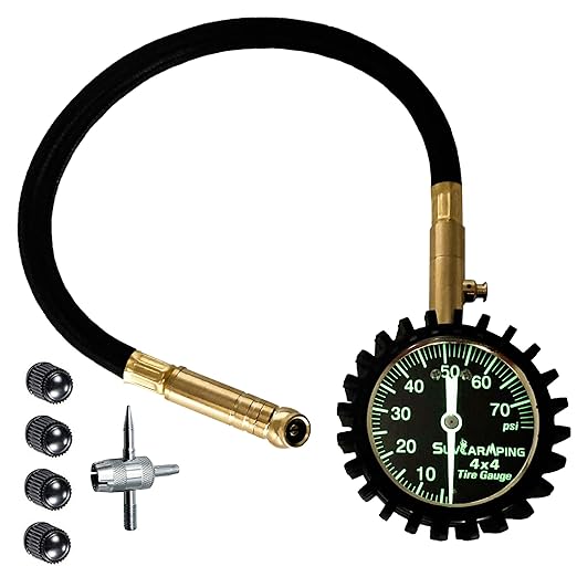 SUVCARMPING 100 PSI Tire Pressure Gauge Accurate Air Pressure Gauge (±1%), for Tires with Large Glow Dial, Valve Cap and Valve Core Tool, Black