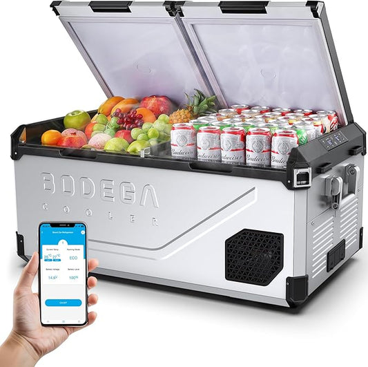 BODEGACOOLER 12 Volt Car Refrigerator, 79 Quart(75L) Portable Freezer Car Fridge Dual Zone With APP Control, -4℉-68℉ Electric Cooler, 12/24V DC and 100-240V AC, for Vehicles,Camping, RV, Outdoor
