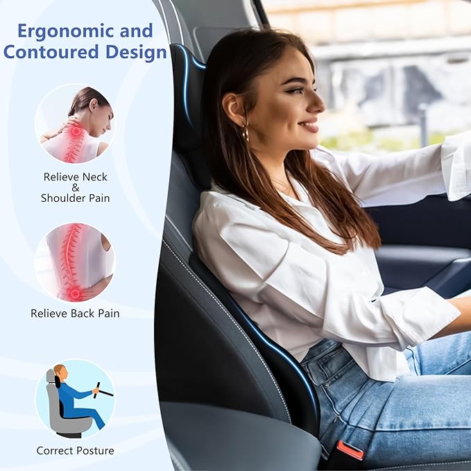 Car Lumbar Support Pillow and Neck Pillow kit for Back & Neck Pain Relief Ergonomic Memory Foam Car Seat Headrest & Lumbar Cushion with Adjustable Strap for Driving Seat/Office Chair Black